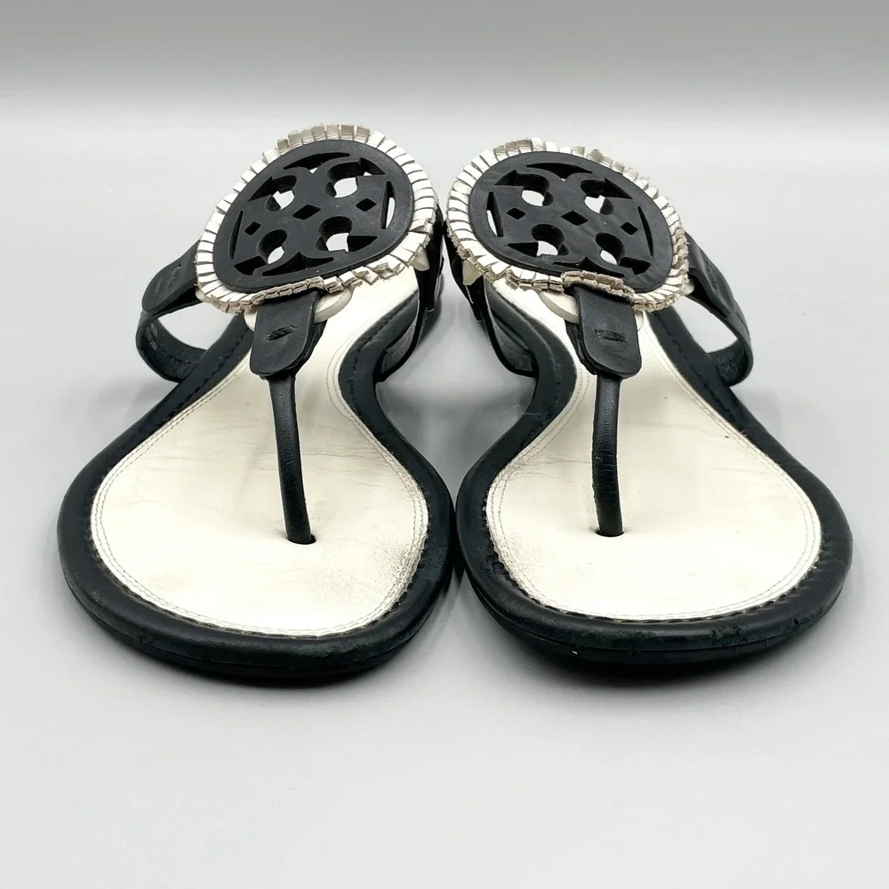 Tory Burch Miller Fringe Sandals Womens 9M Black White Leather Logo Thong Flats